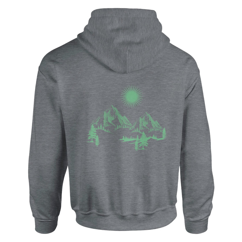 Unisex Hoodie in sportlichem Grau mit spirituellem, grün leuchtendem Bergmotiv und nachhaltigem Baumwoll-Polyester-Mix,.