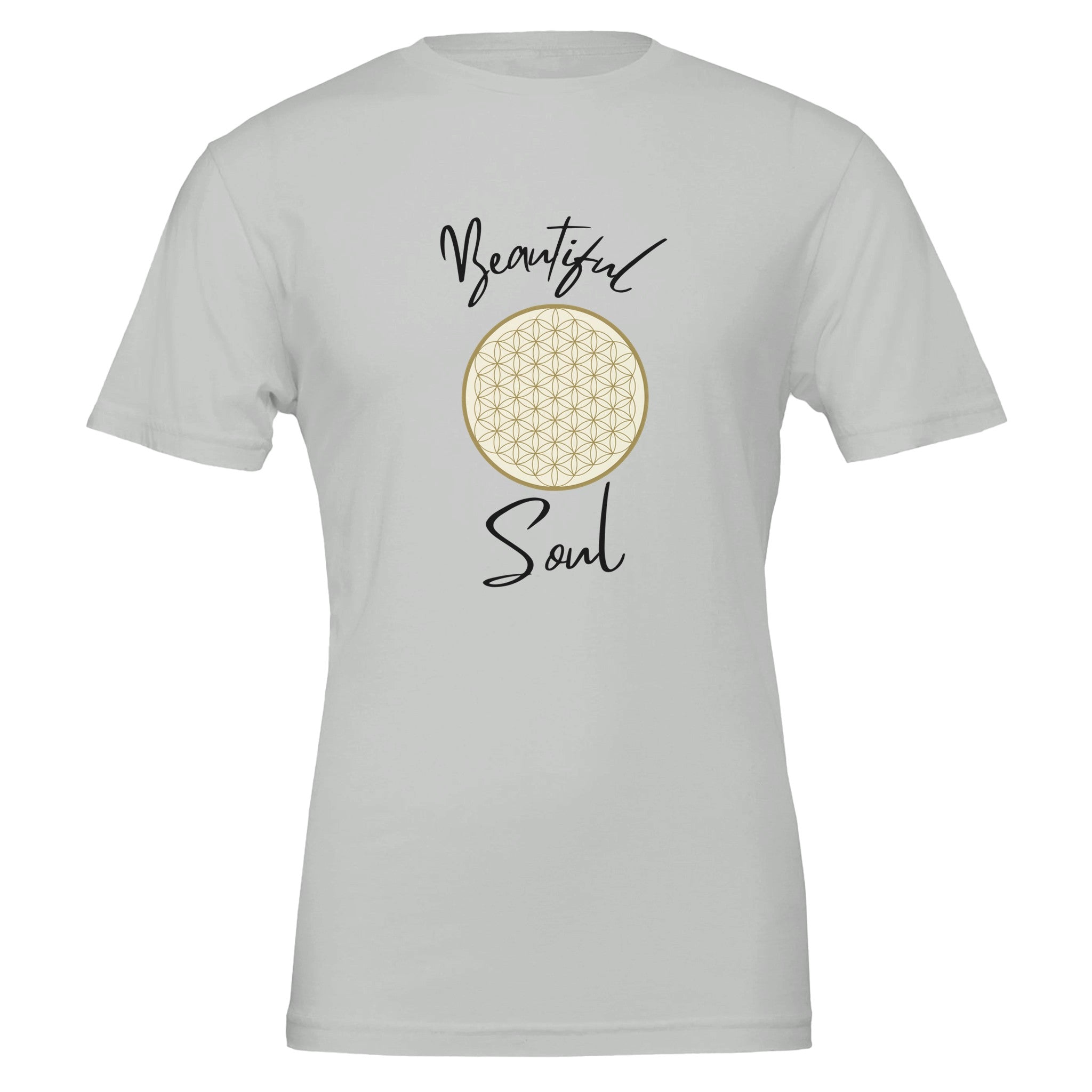 Weißes Unisex-T-Shirt aus hochwertiger Baumwolle mit spirituellem Blume des Lebens Print und melaniesouldesign Schriftzug.