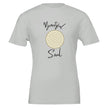 Weißes Unisex-T-Shirt aus hochwertiger Baumwolle mit spirituellem Blume des Lebens Print und melaniesouldesign Schriftzug.