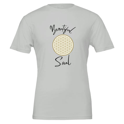 Weißes Unisex-T-Shirt aus hochwertiger Baumwolle mit spirituellem Blume des Lebens Print und melaniesouldesign Schriftzug.