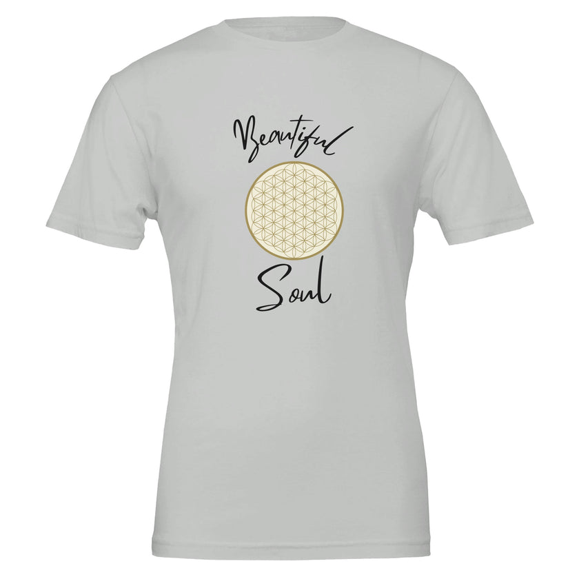 Weißes Unisex-T-Shirt aus hochwertiger Baumwolle mit spirituellem Blume des Lebens Print und melaniesouldesign Schriftzug.