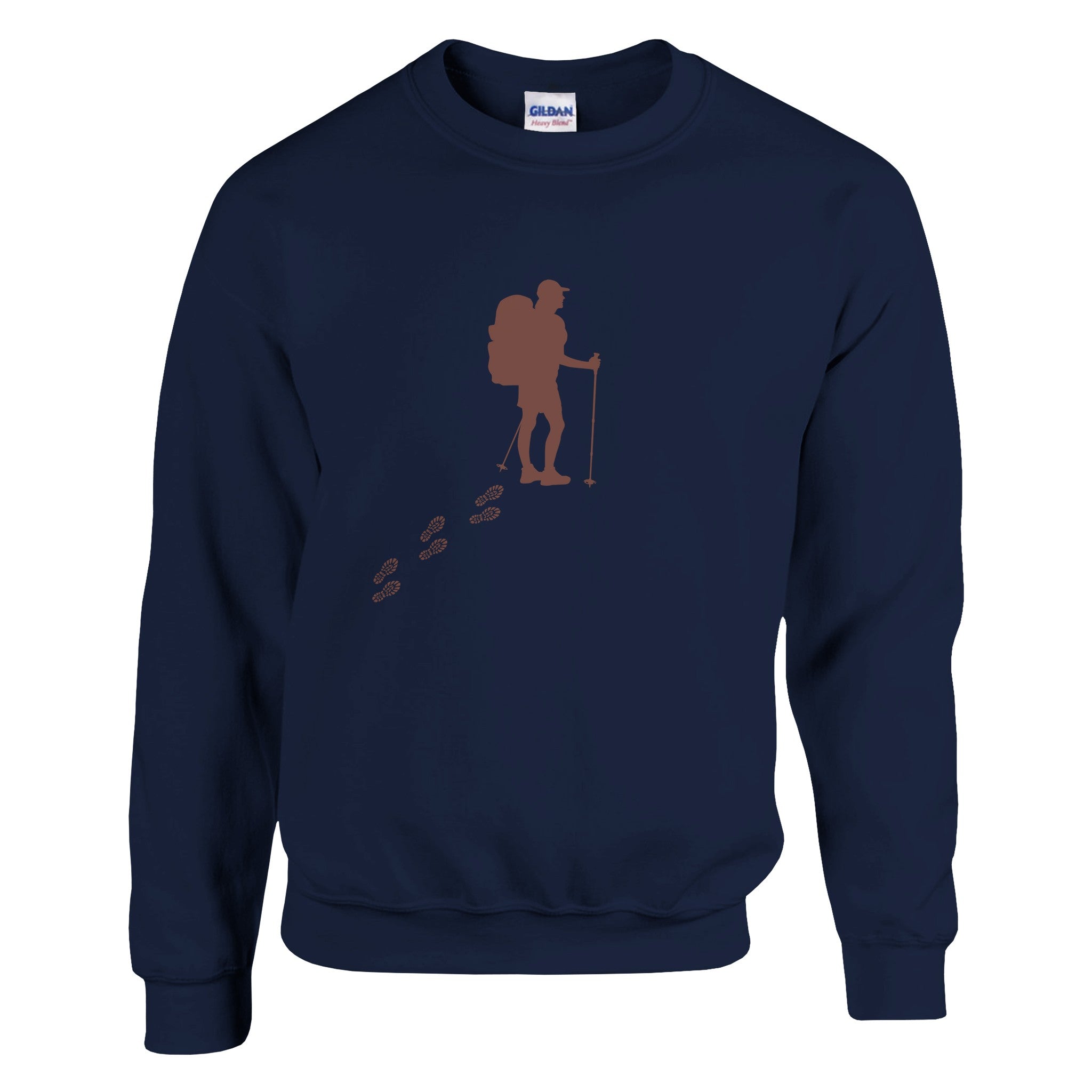 Dunkelblauer Wandern Pullover mit spirituellem, nachhaltigem Wanderer-Print, hochwertig unisex Baumwoll-Mischung.
