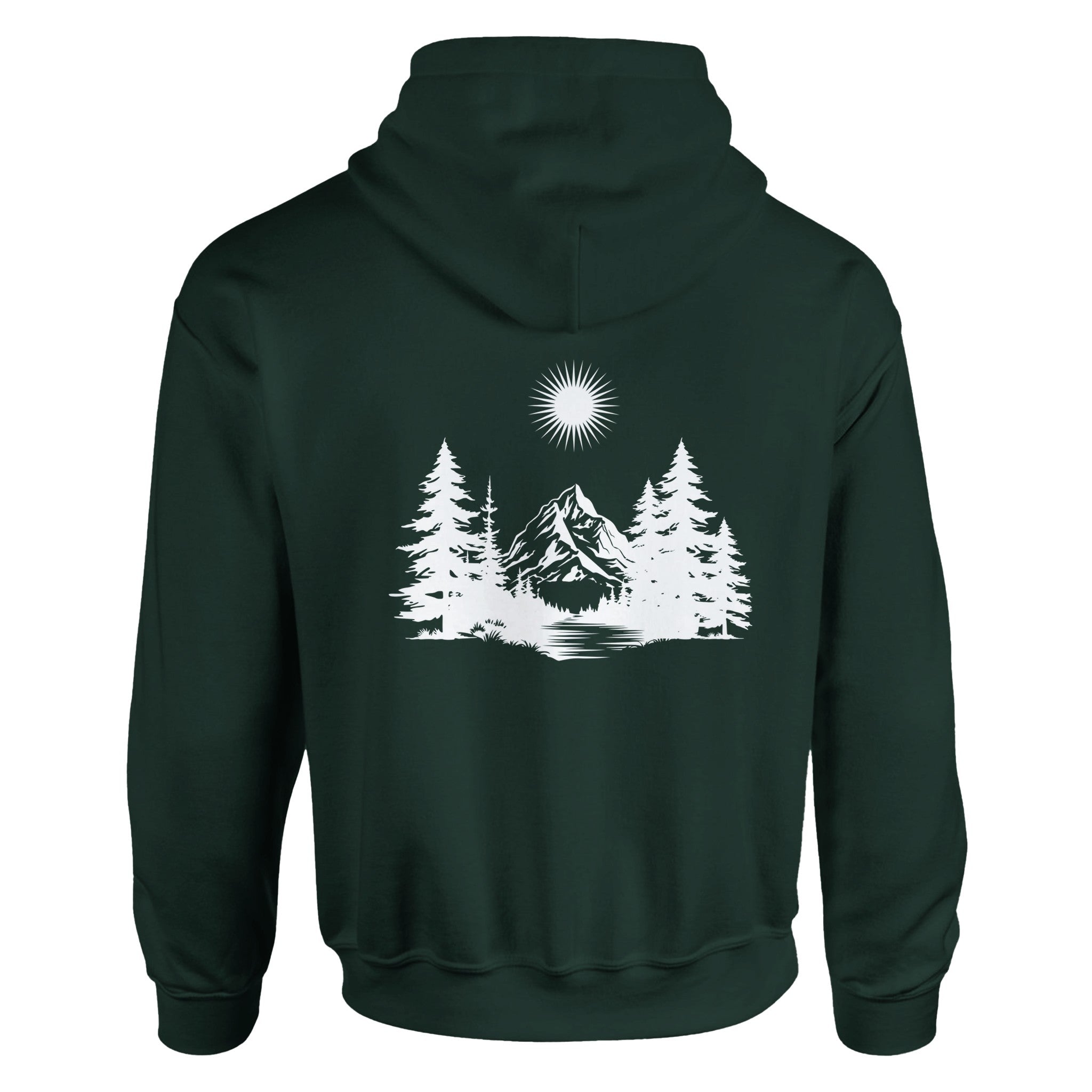 Dunkelgrüner Hoodie aus hochwertigem Baumwoll-Polyester-Mix mit spirituellem Waldprint und Bergsilhouette, Unisex-Passform,.