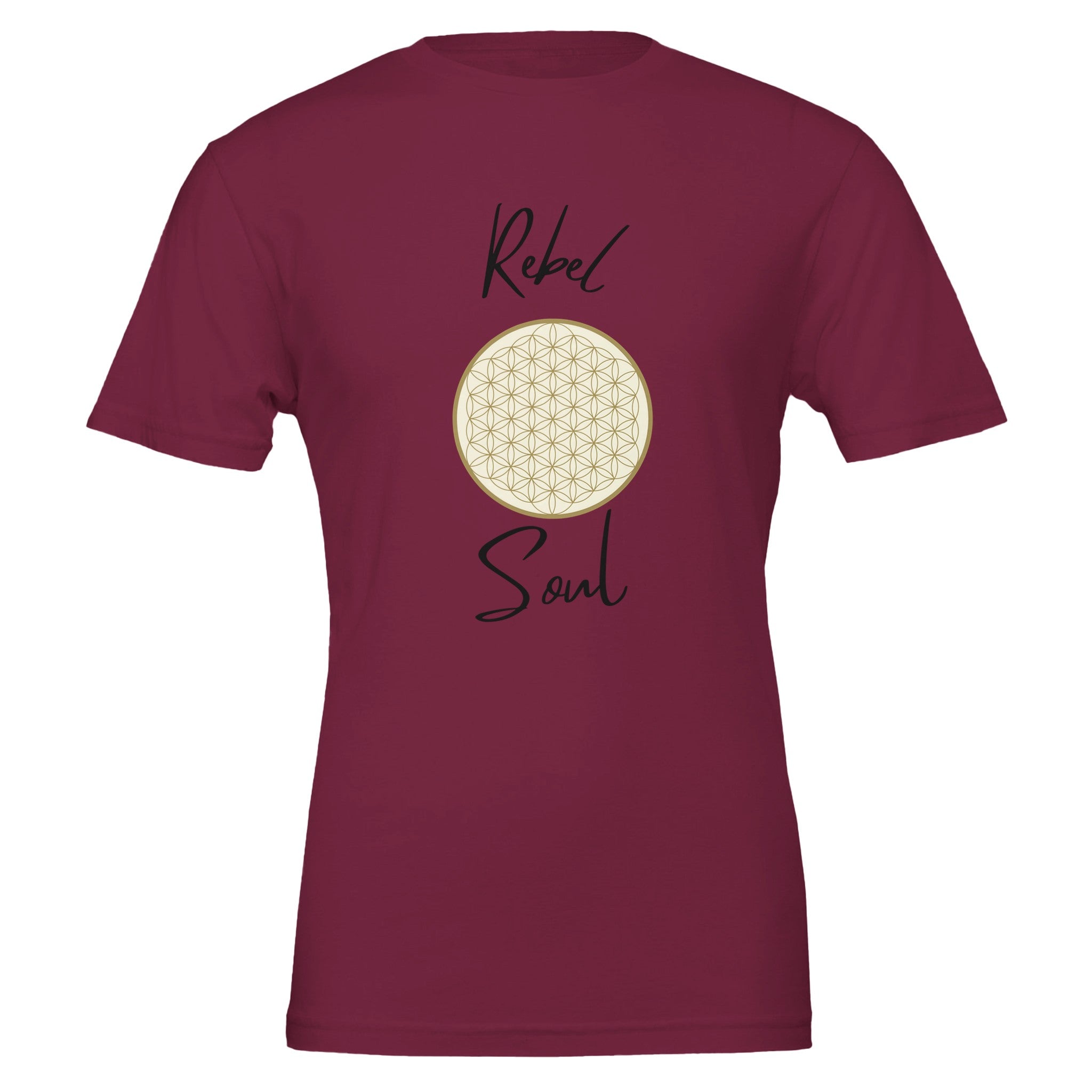 Bordeauxrotes Unisex-T-Shirt aus 100% hochwertiger Baumwolle mit spirituellem Blume des Lebens-Print und Schriftzug Rebel.