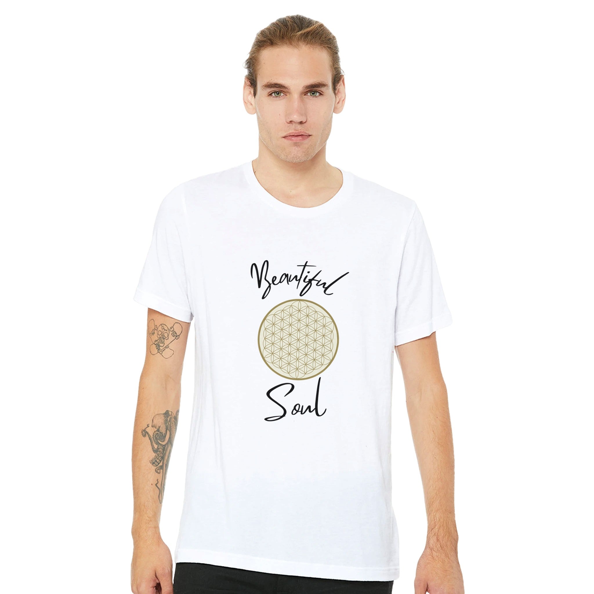Weißes Unisex-T-Shirt aus hochwertiger Baumwolle mit spirituellem Blume des Lebens-Print und melaniesouldesign Schriftzug.