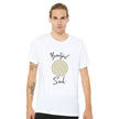 Weißes Unisex-T-Shirt aus hochwertiger Baumwolle mit spirituellem Blume des Lebens-Print und melaniesouldesign Schriftzug.