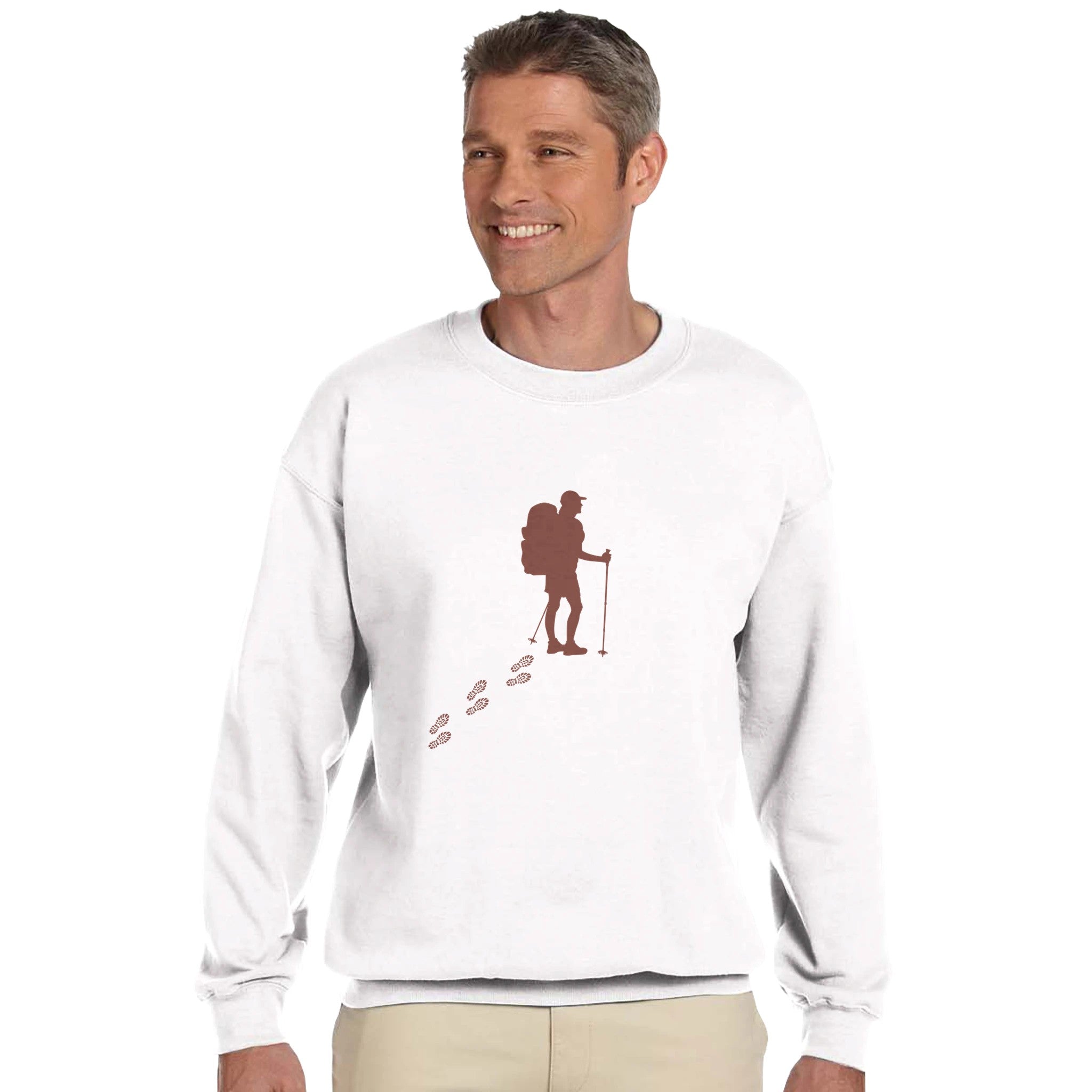 Weißer Wandern Pullover mit rundem Ausschnitt, hochwertiger Baumwoll-Polyester-Mischung, spirituelles Design Wanderer mit.