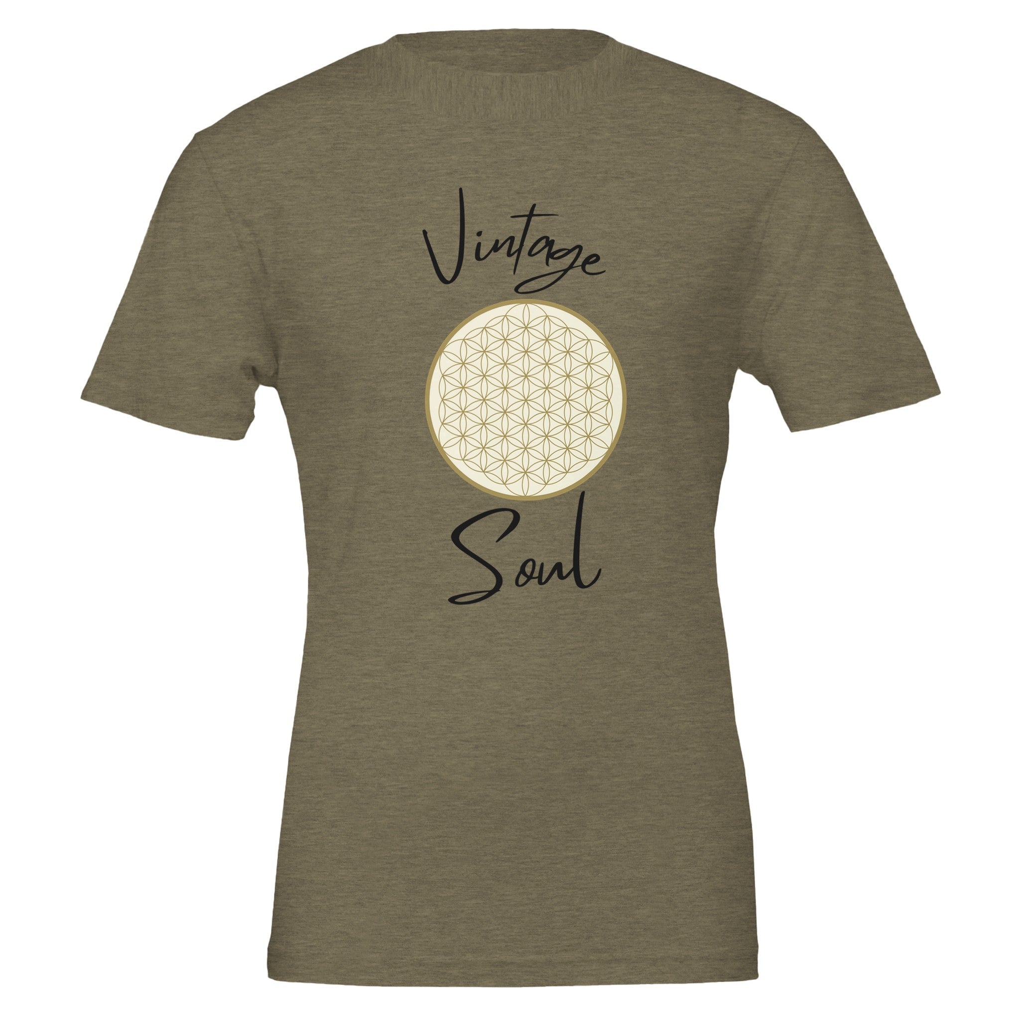 Unisex T-Shirt in Military Green aus hochwertiger Baumwolle mit spirituellem Blume des Lebens Print und Vintage Soul.