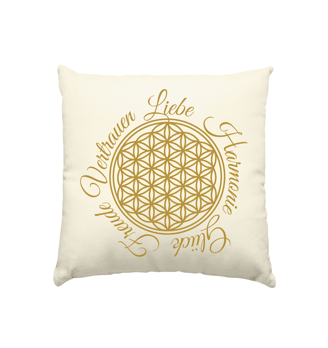 Traumhaftes Kissen mit Blume des Lebens in Gold. Mit den Worten Liebe, Harmonie, Vertrauen, Glück & Freude. 40x40cm inkl. Füllung. REACH zertifiziert. Natur.
