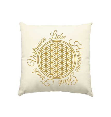 Traumhaftes Kissen mit Blume des Lebens in Gold. Mit den Worten Liebe, Harmonie, Vertrauen, Glück & Freude. 40x40cm inkl. Füllung. REACH zertifiziert. Natur.
