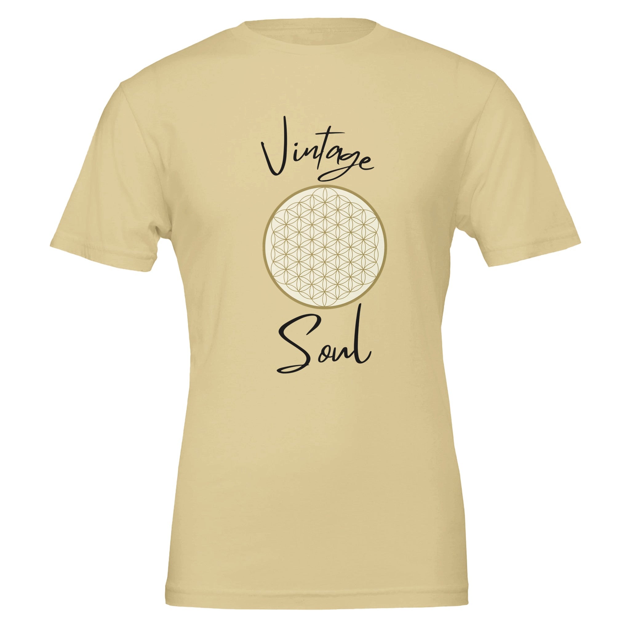 Unisex T-Shirt in weicher Creme mit spirituellem Blume des Lebens Print und Vintage Soul Schriftzug, nachhaltige,.
