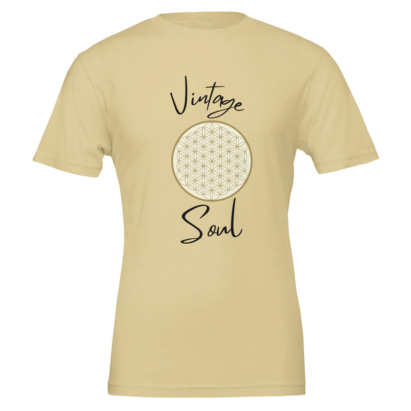 Unisex T-Shirt in weicher Creme mit spirituellem Blume des Lebens Print und Vintage Soul Schriftzug, nachhaltige,.