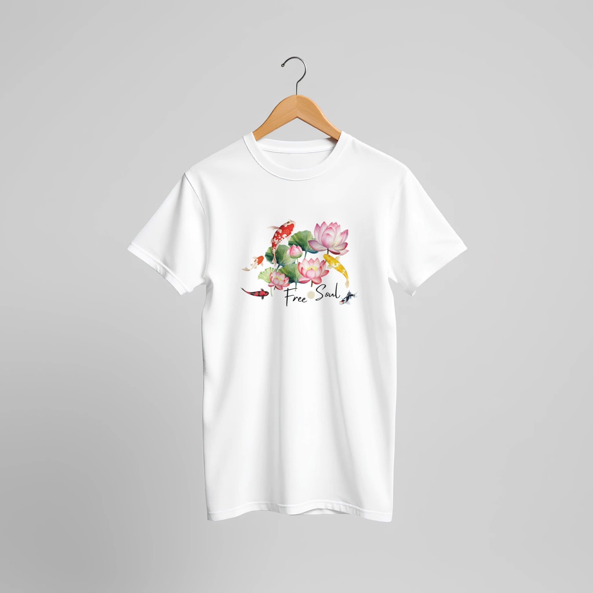 Weißes Unisex-T-Shirt mit spirituellem Koi-Print, Blume des Lebens Motiv, hochwertige nachhaltige Baumwolle,.