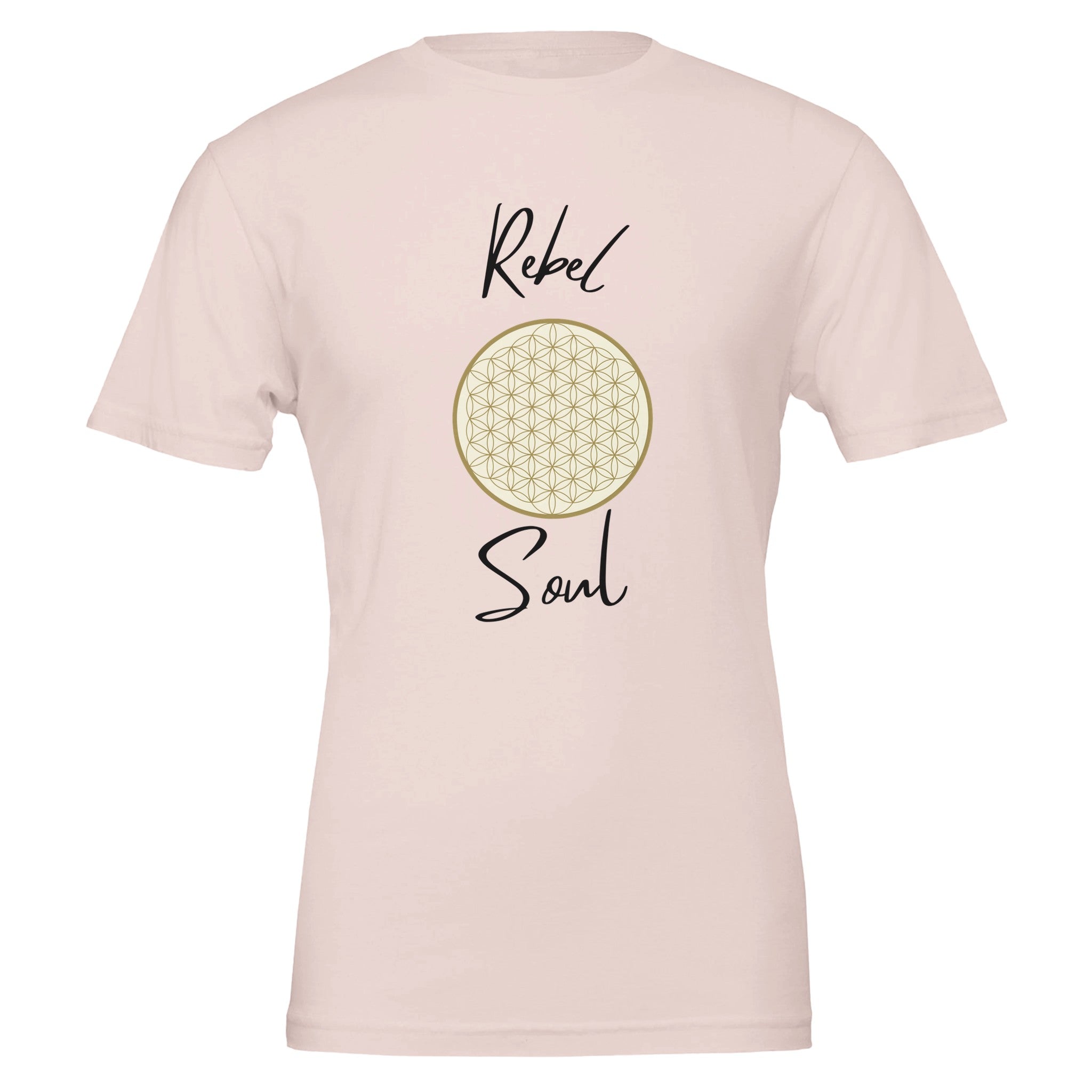 Unisex T-Shirt in sanftem Rosa aus hochwertiger Baumwolle mit spirituellem Blume des Lebens Print und Rebel Soul Schriftzug, .