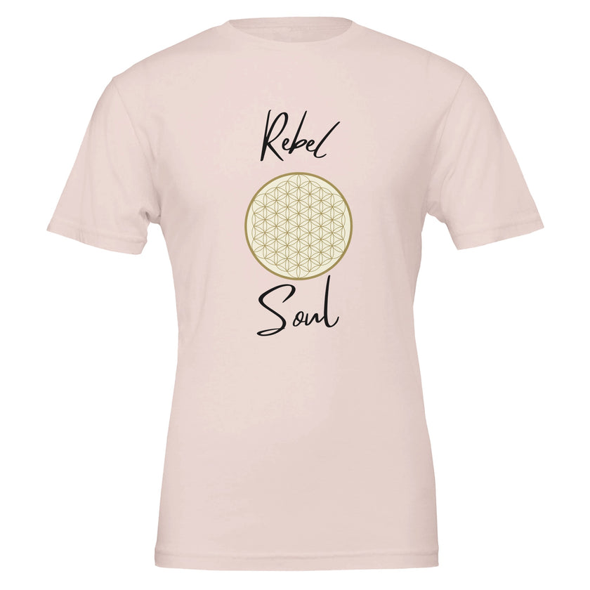 Unisex T-Shirt in sanftem Rosa aus hochwertiger Baumwolle mit spirituellem Blume des Lebens Print und Rebel Soul Schriftzug, .