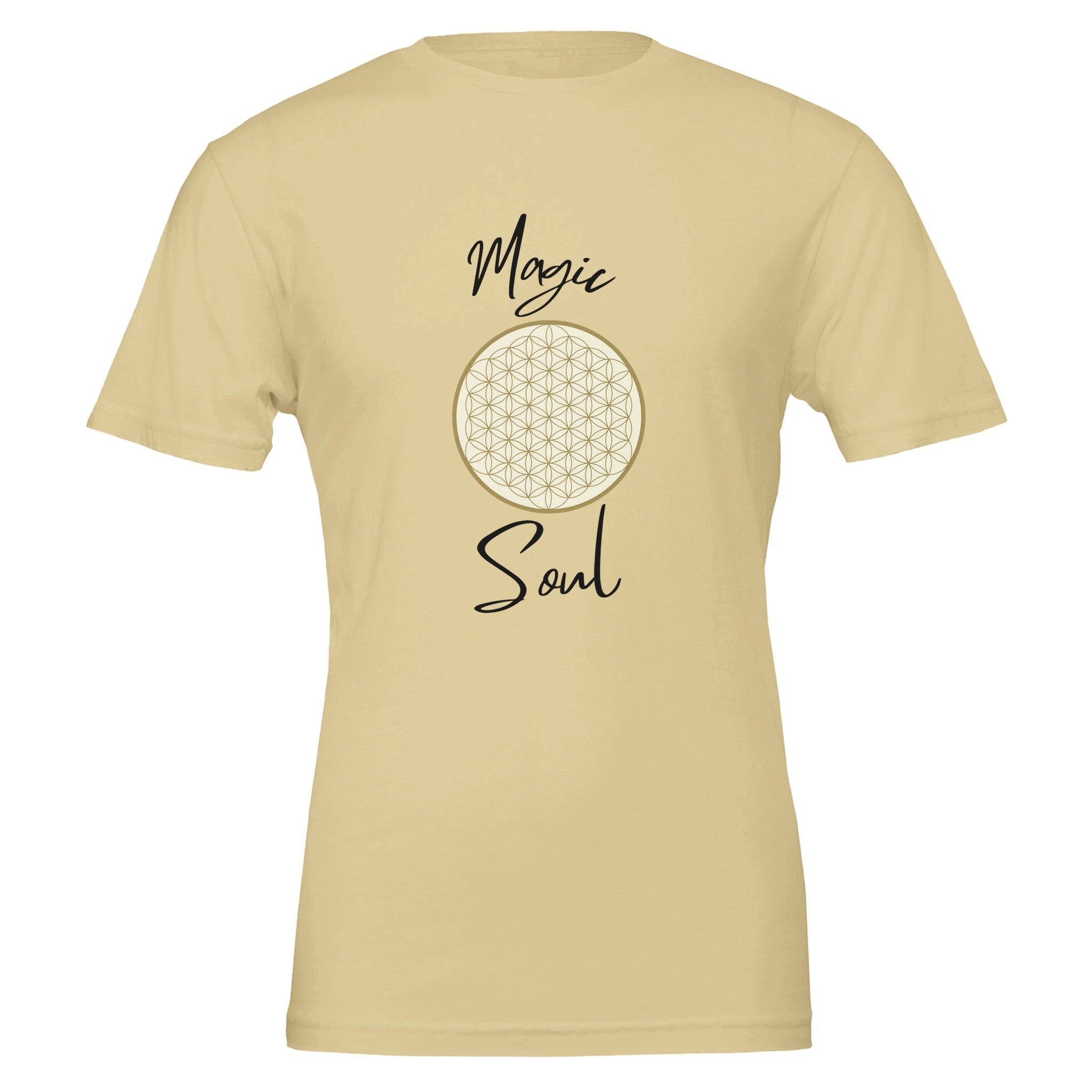 Unisex T-Shirt in weicher Creme mit hochwertigem Baumwollstoff, spirituellem Blume des Lebens Print, nachhaltig hergestellt, .