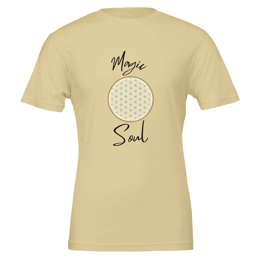Unisex T-Shirt in weicher Creme mit hochwertigem Baumwollstoff, spirituellem Blume des Lebens Print, nachhaltig hergestellt, .
