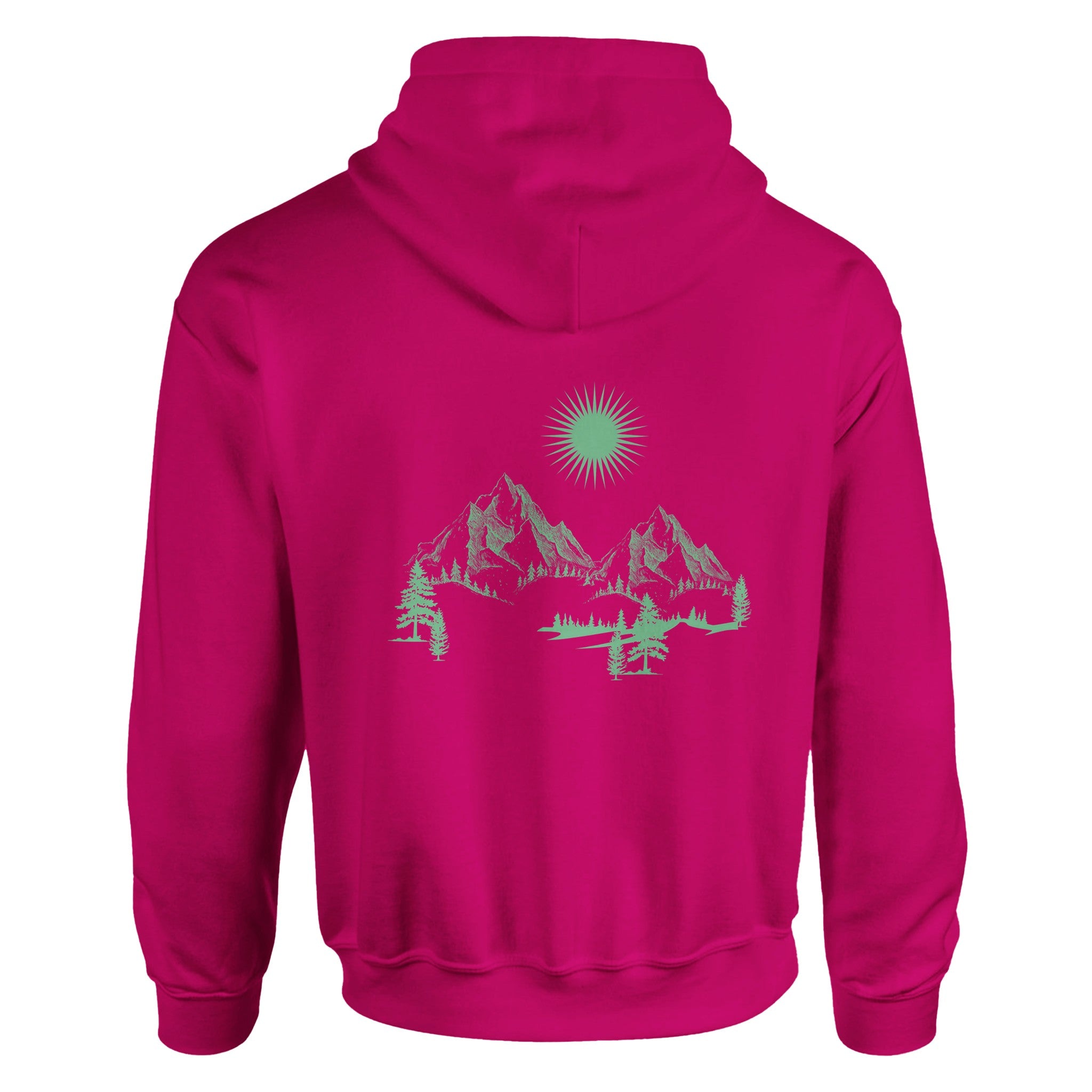 Unisex Hoodie in dunklem Heliconia mit spirituellem Bergmotiv und Blume des Lebens, hochwertiger Baumwoll-Polyester-Mix,.