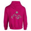 Unisex Hoodie in dunklem Heliconia mit spirituellem Bergmotiv und Blume des Lebens, hochwertiger Baumwoll-Polyester-Mix,.