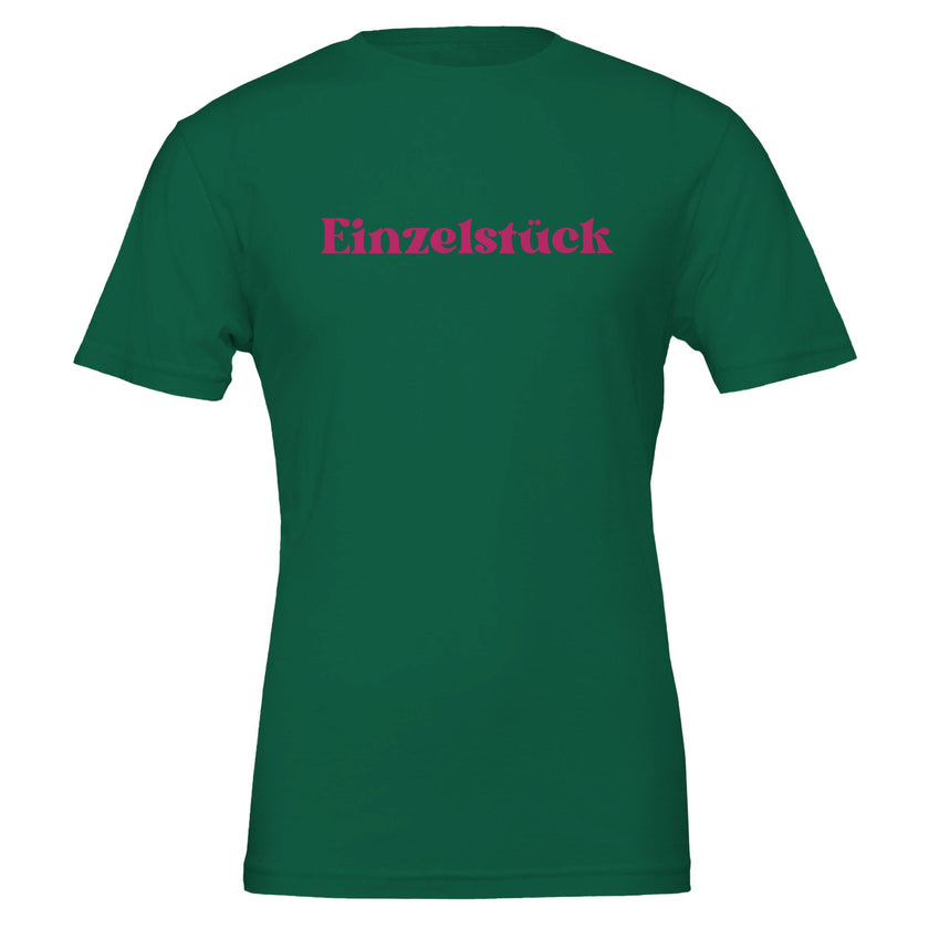 Unisex T-Shirt in dunklem Grün mit hochwertigem Baumwollstoff und pinkem Schriftzug 