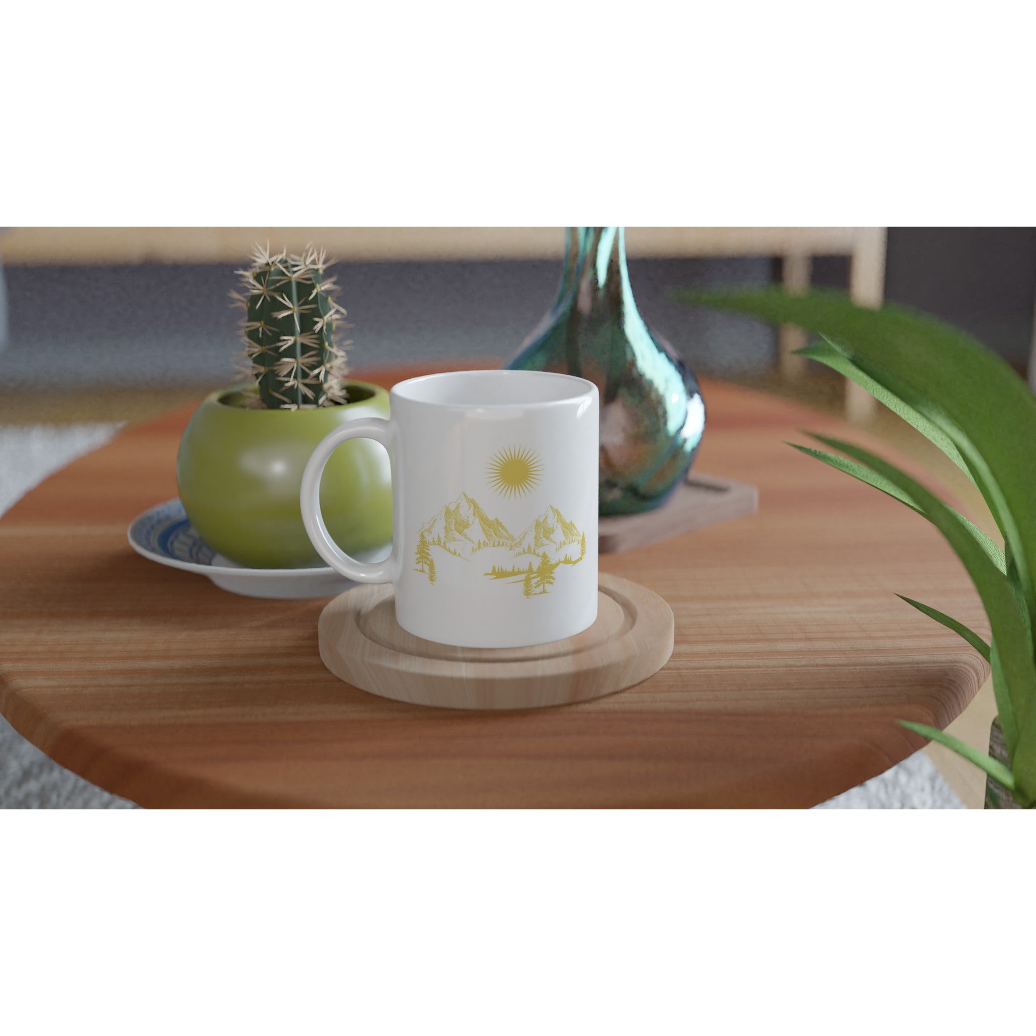 Hochwertige weiße Keramiktasse mit gelbem, nachhaltigem Print der Blume des Lebens, spirituell inspiriertes Design von.