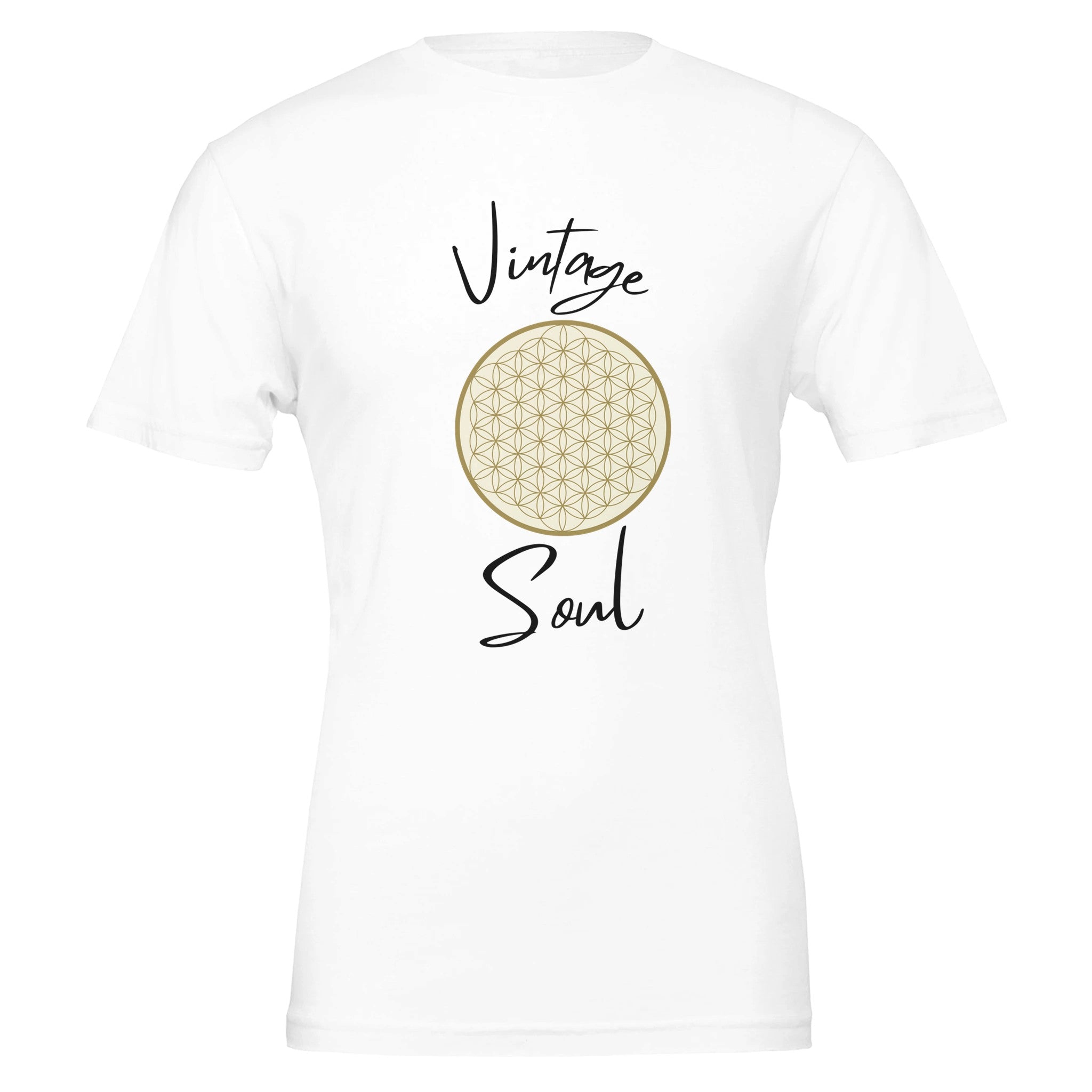 Weißes Unisex-T-Shirt aus hochwertiger Baumwolle mit spirituellem Blume des Lebens-Motiv und Vintage Soul Schriftzug,.