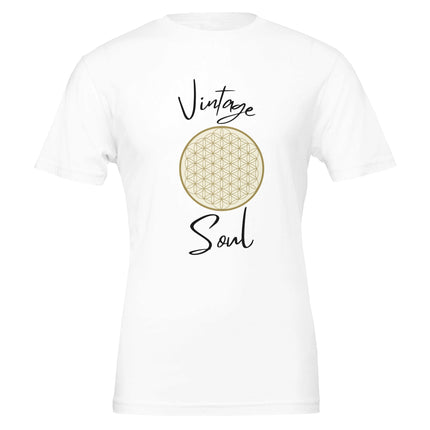 Weißes Unisex-T-Shirt aus hochwertiger Baumwolle mit spirituellem Blume des Lebens-Motiv und Vintage Soul Schriftzug,.
