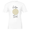 Weißes Unisex-T-Shirt aus hochwertiger Baumwolle mit spirituellem Blume des Lebens-Motiv und Vintage Soul Schriftzug,.