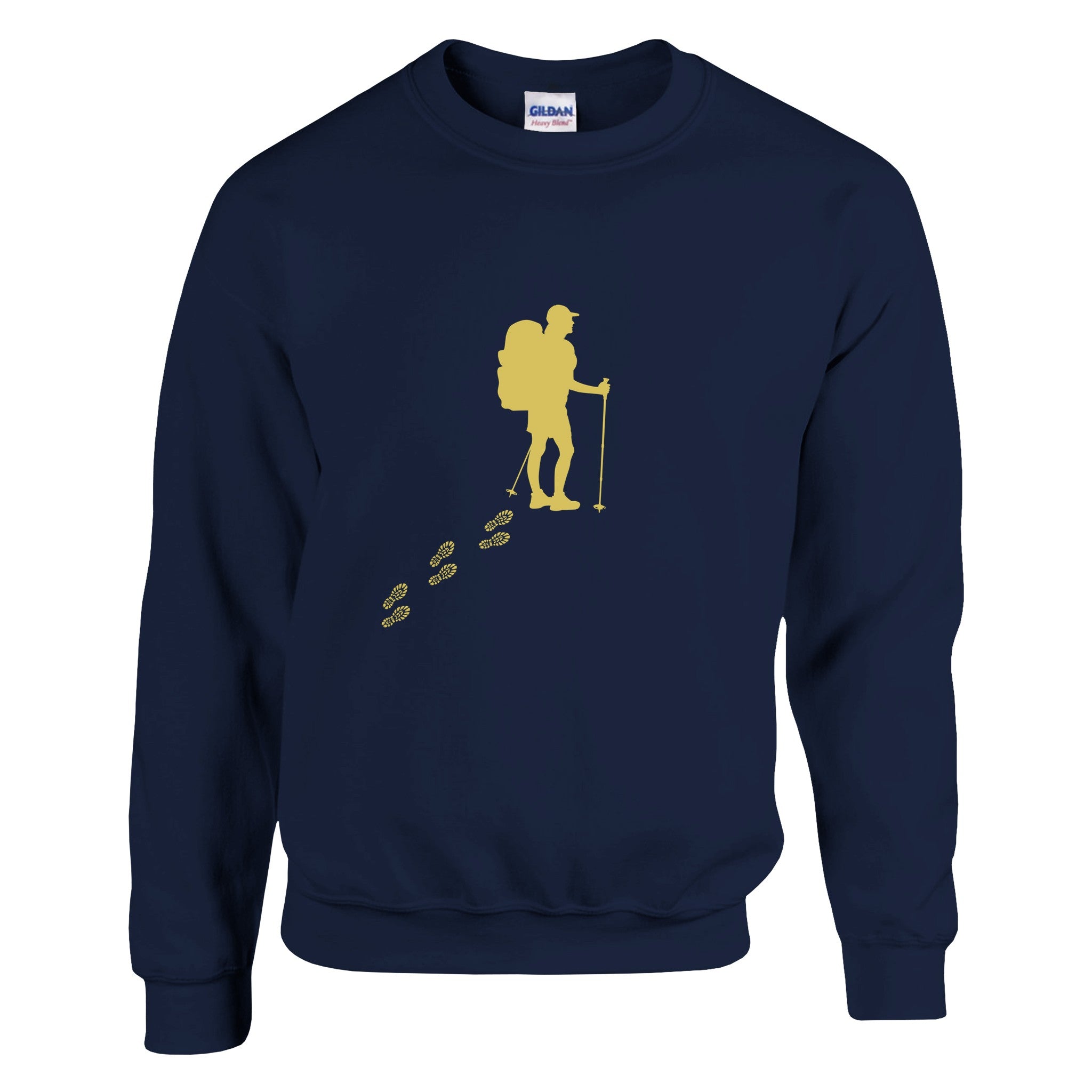 Dunkelblauer Unisex Pullover aus hochwertiger Baumwollmischung mit spirituellem, gelbem Wanderer-Motiv und Fußspuren,.