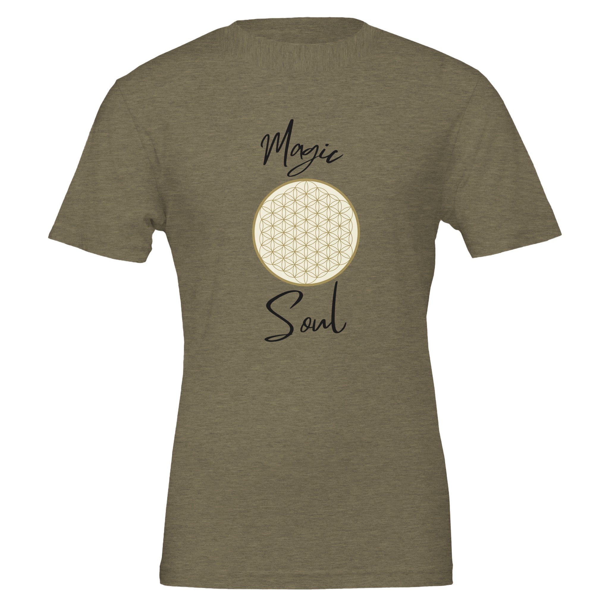 Olivegrünes Unisex-T-Shirt aus hochwertiger Baumwolle mit spirituellem Blume des Lebens Print und melaniesouldesign.