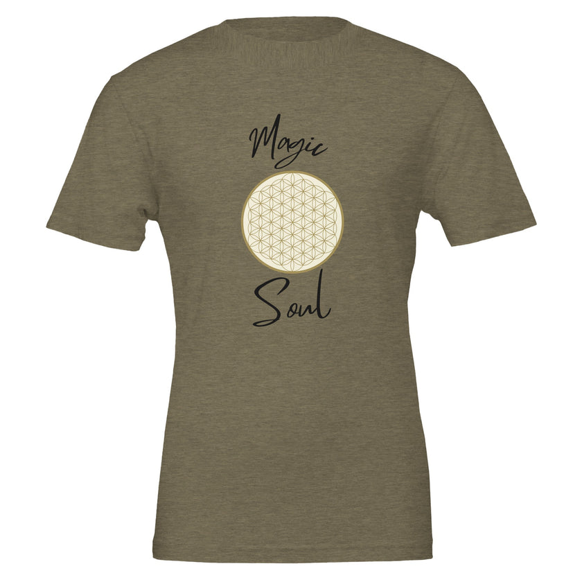 Olivegrünes Unisex-T-Shirt aus hochwertiger Baumwolle mit spirituellem Blume des Lebens Print und melaniesouldesign.