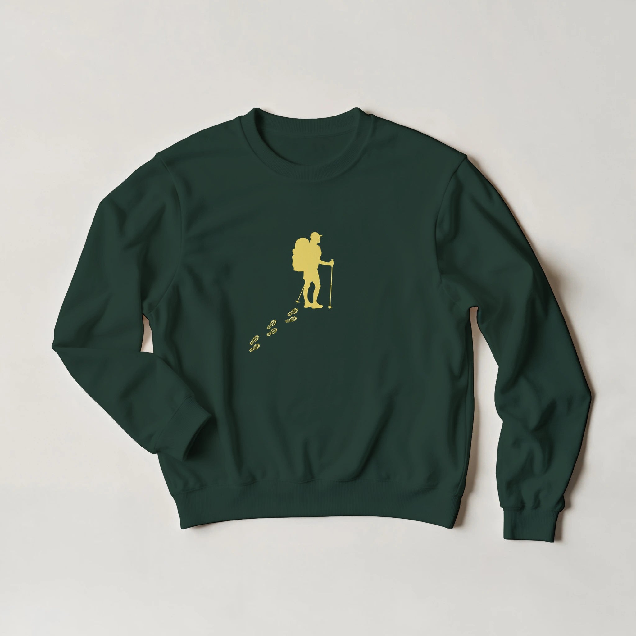 Dunkelgrüner Wandern Pullover mit spirituellem gelben Wanderer-Motiv, nachhaltige hochwertig Baumwollmischung, unisex.