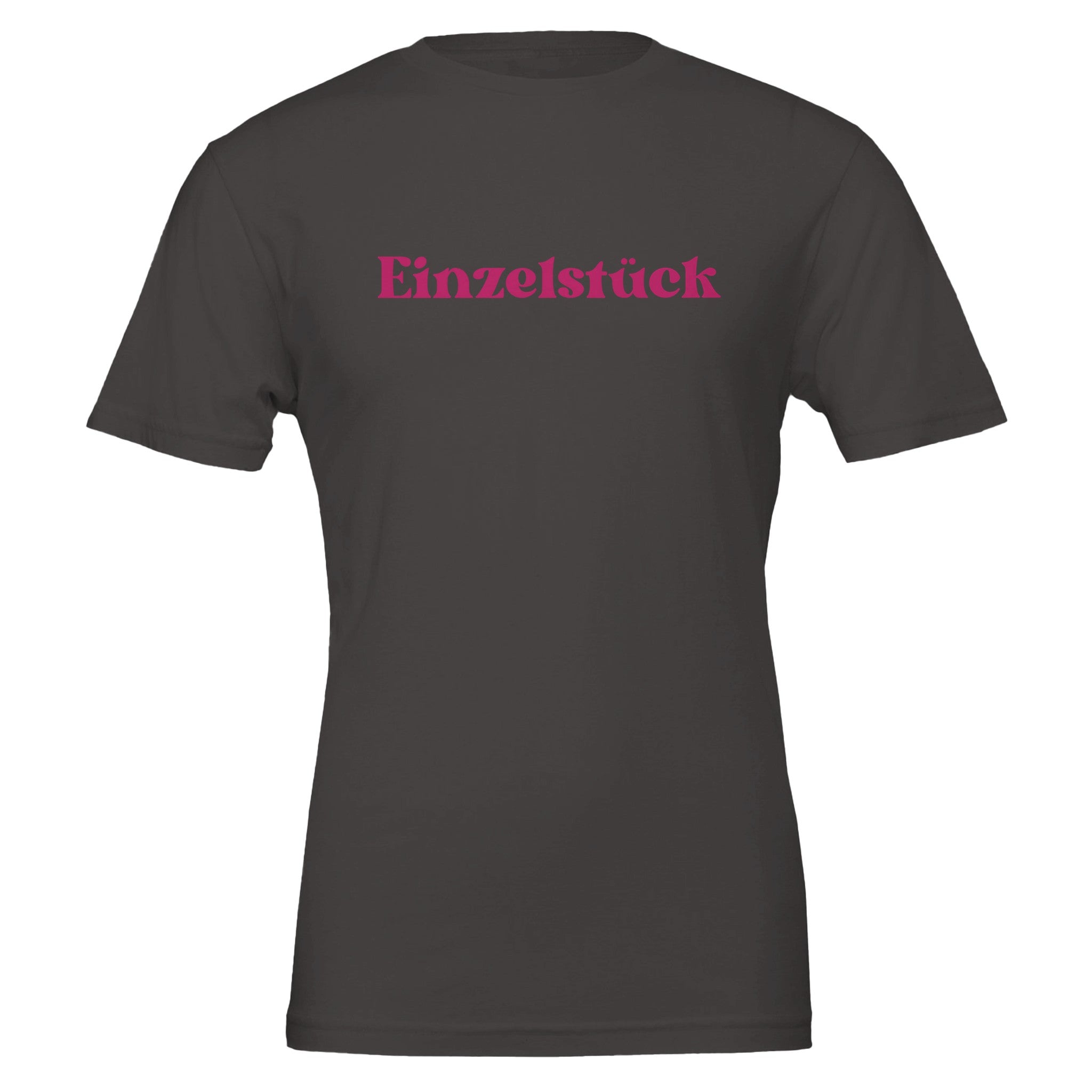Hochwertiges dunkelgraues Unisex-T-Shirt aus 100% Baumwolle mit pinkem 