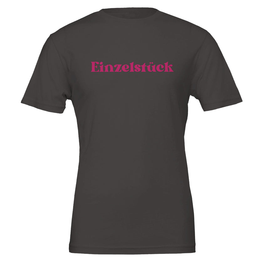 Hochwertiges dunkelgraues Unisex-T-Shirt aus 100% Baumwolle mit pinkem 
