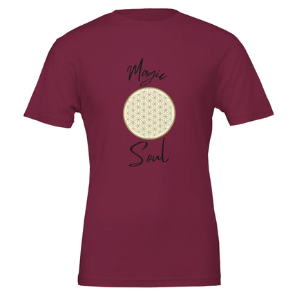 Bordeauxrotes Unisex-T-Shirt aus hochwertiger Baumwolle mit spirituellem Blume des Lebens Print, nachhaltiges.