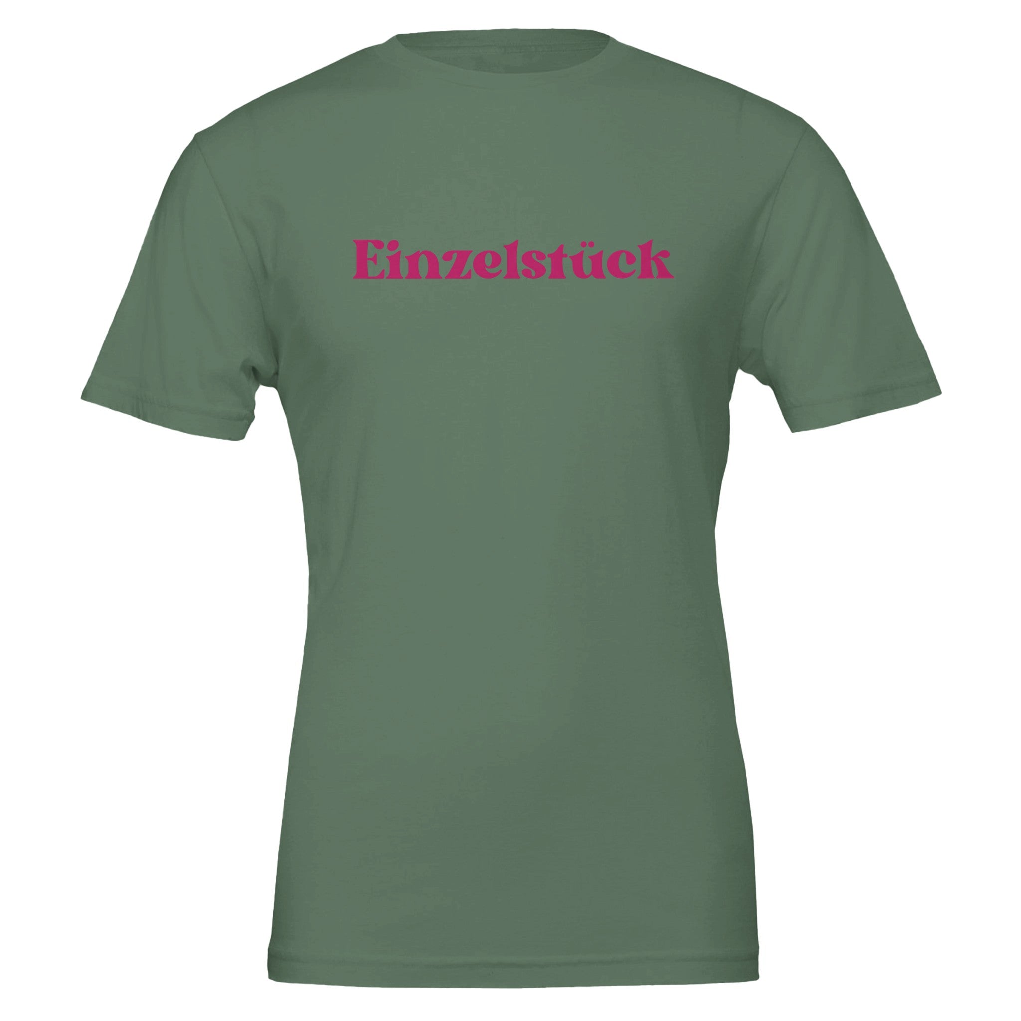 Unisex T-Shirt in Olivgrün aus nachhaltiger Baumwolle mit pinkem Aufdruck „Einzelstück“, hochwertig, melaniesouldesign,.