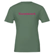 Unisex T-Shirt in Olivgrün aus nachhaltiger Baumwolle mit pinkem Aufdruck „Einzelstück“, hochwertig, melaniesouldesign,.