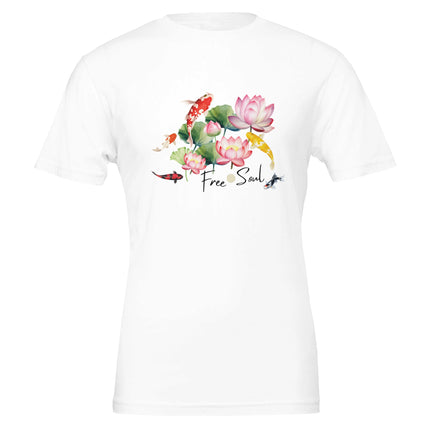 Weißes Unisex-T-Shirt mit spirituellem Koi-Print, Blume des Lebens und Lotus, hochwertige Baumwolle, melaniesouldesign,.