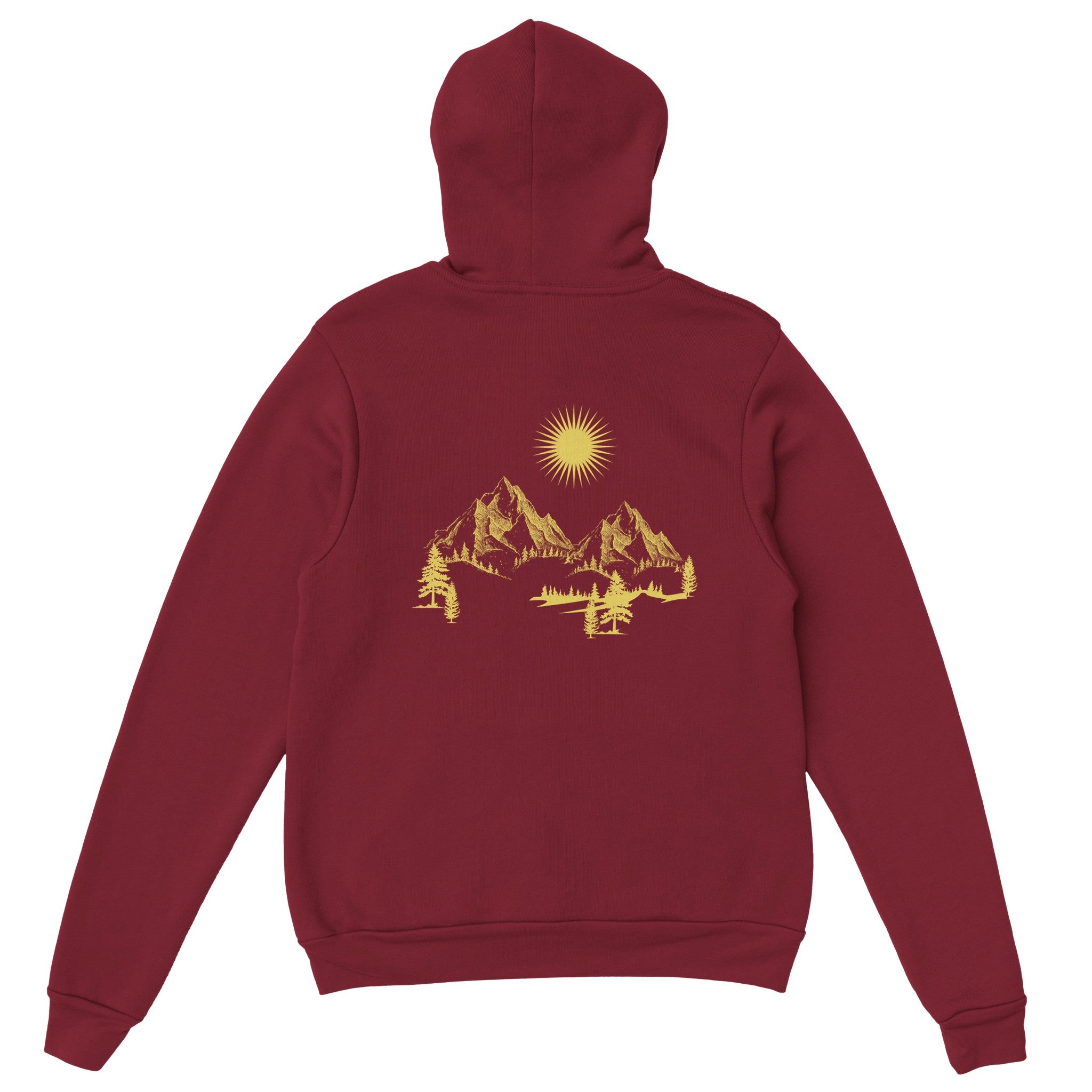 Unisex Hoodie in Dunkles Heidekraut mit spirituellem gelbem Berg- und Sonnendesign, nachhaltiger Baumwoll-Polyester-Mix,.