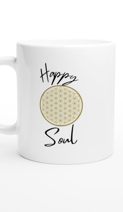 Weiße Keramiktasse mit hochwertigem Print der Blume des Lebens in Gold, spirituell und nachhaltig, melaniesouldesign,.