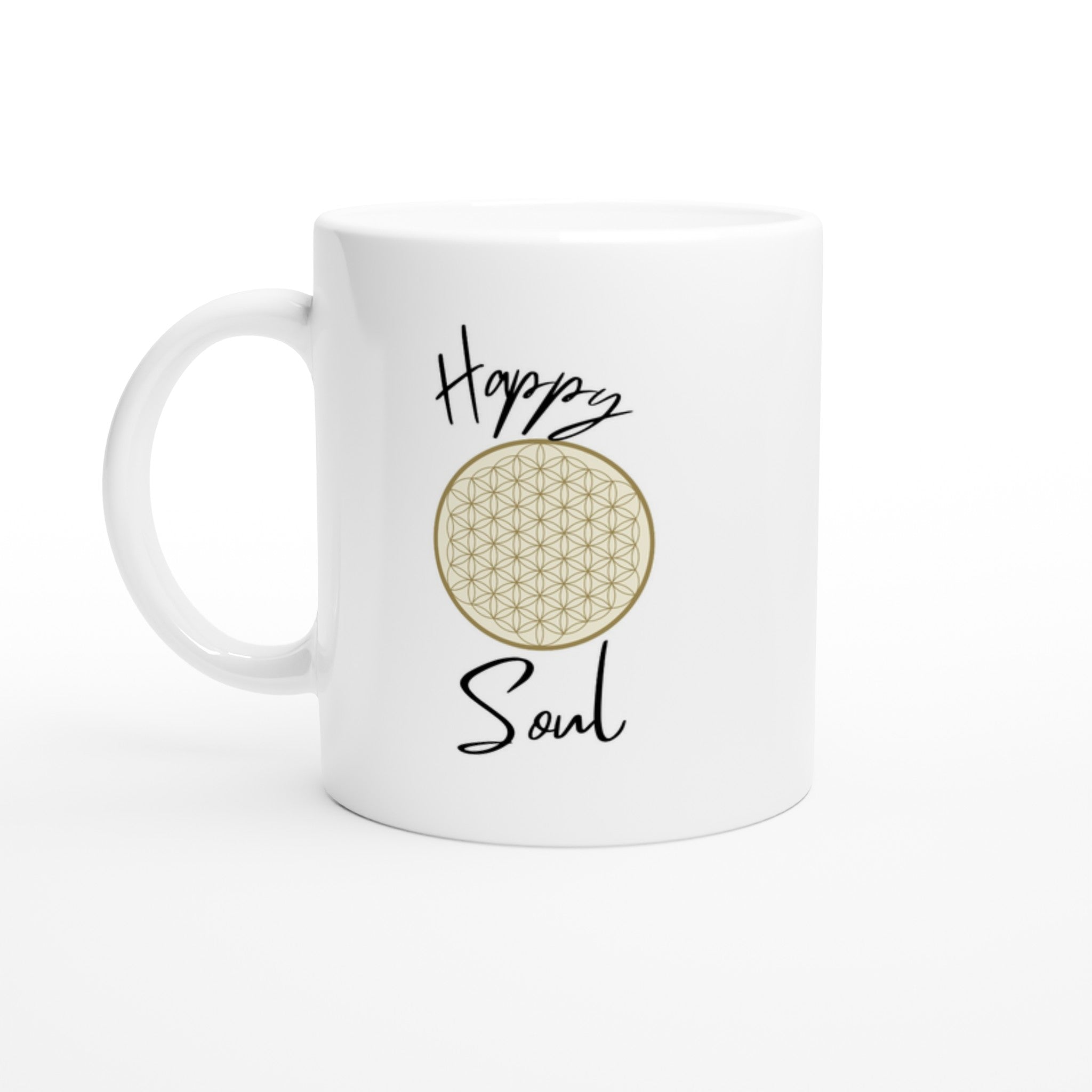 Weiße Keramiktasse mit hochwertigem Print der Blume des Lebens in Gold, spirituell und nachhaltig, melaniesouldesign,.