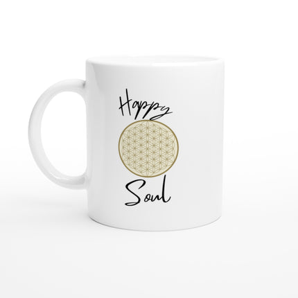 Weiße Keramiktasse mit hochwertigem Print der Blume des Lebens in Gold, spirituell und nachhaltig, melaniesouldesign,.