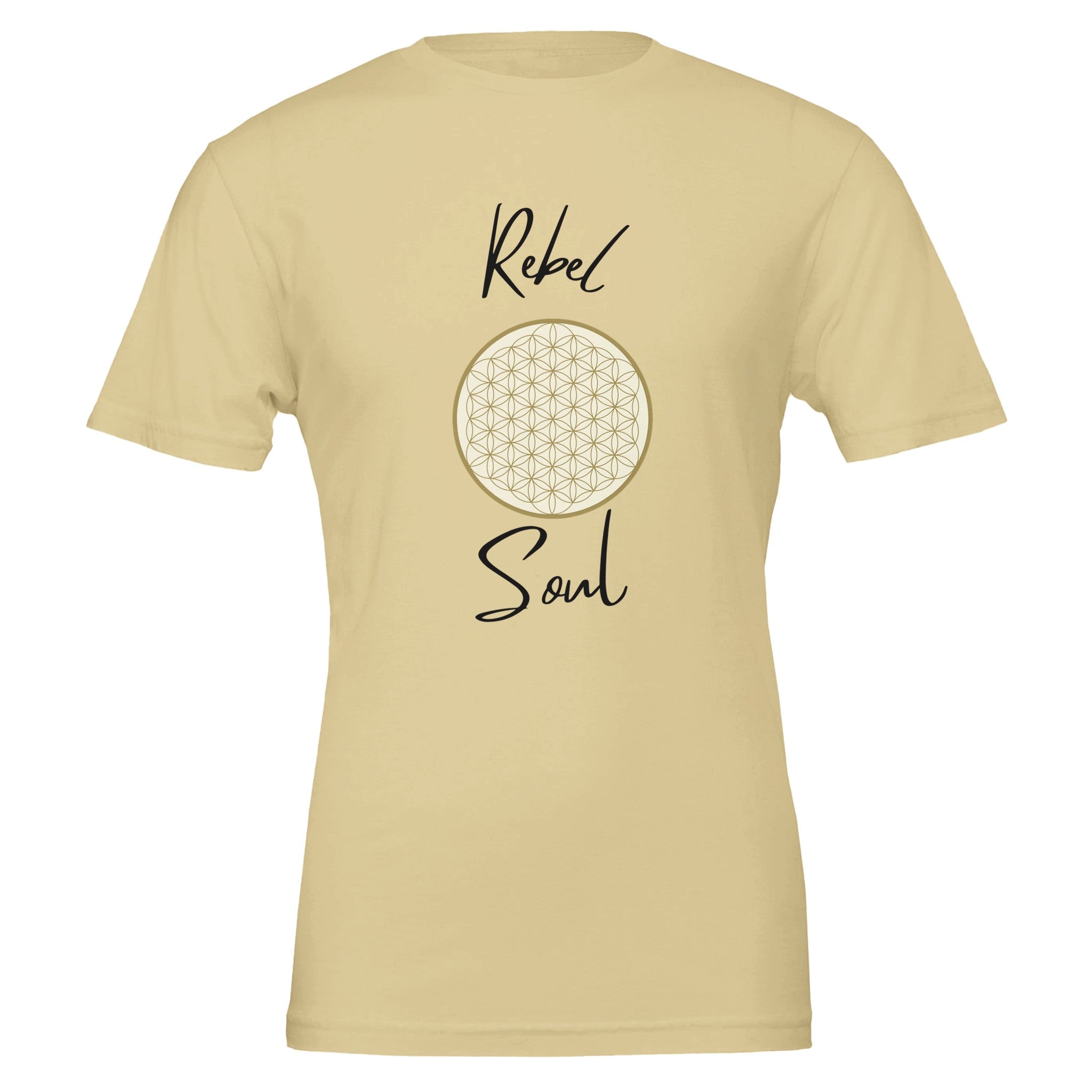 Unisex-T-Shirt in weicher Creme mit hochwertigem Baumwollstoff, spirituellem Blume des Lebens-Motiv und Schriftzug Rebel.