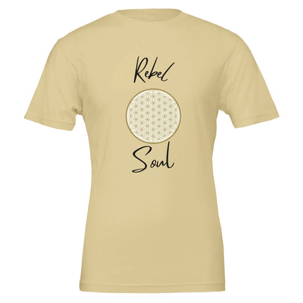Unisex-T-Shirt in weicher Creme mit hochwertigem Baumwollstoff, spirituellem Blume des Lebens-Motiv und Schriftzug Rebel.