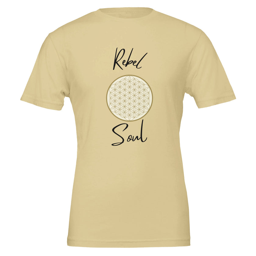 Unisex-T-Shirt in weicher Creme mit hochwertigem Baumwollstoff, spirituellem Blume des Lebens-Motiv und Schriftzug Rebel.