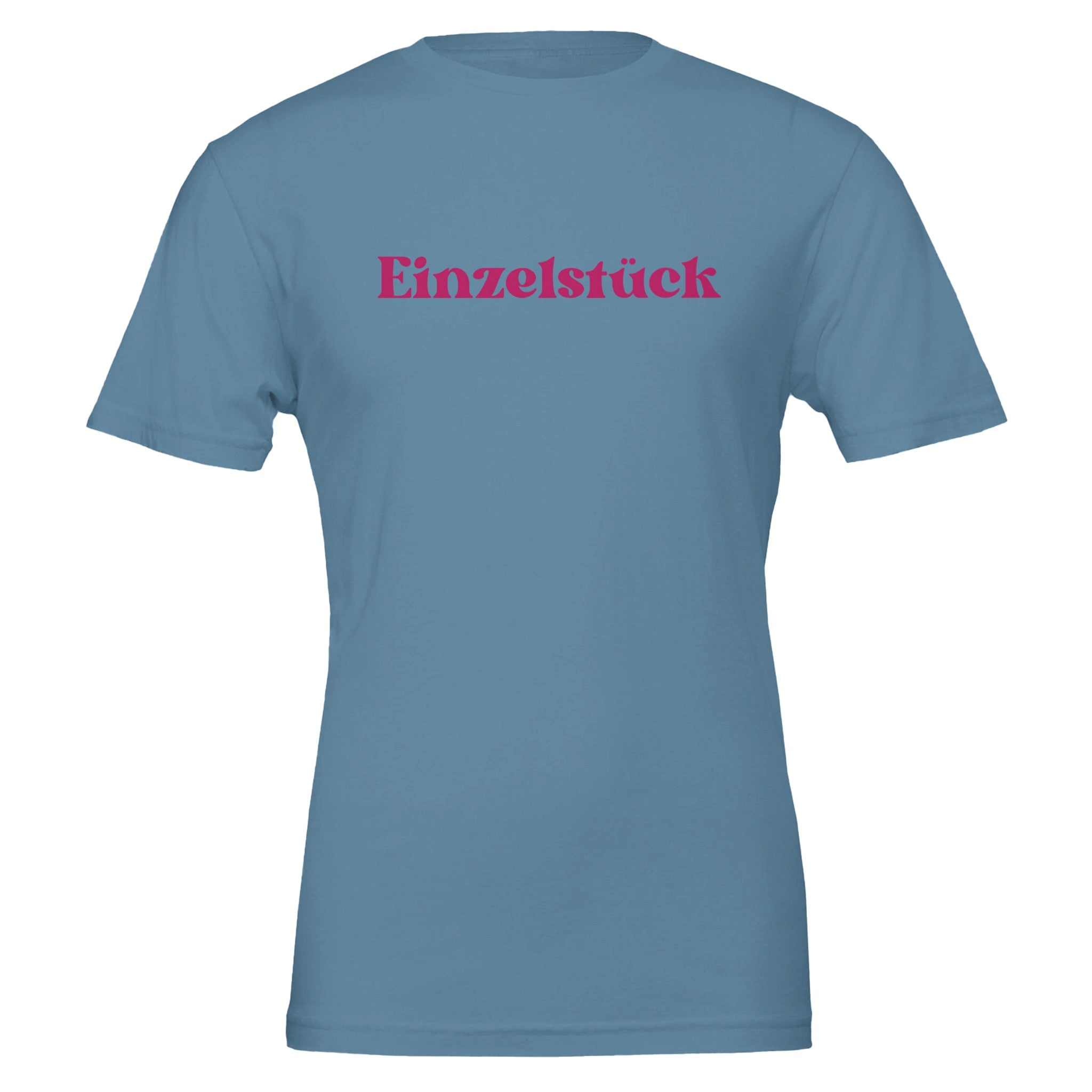Unisex T-Shirt in Stahlblau aus hochwertiger Baumwolle mit pinkem 