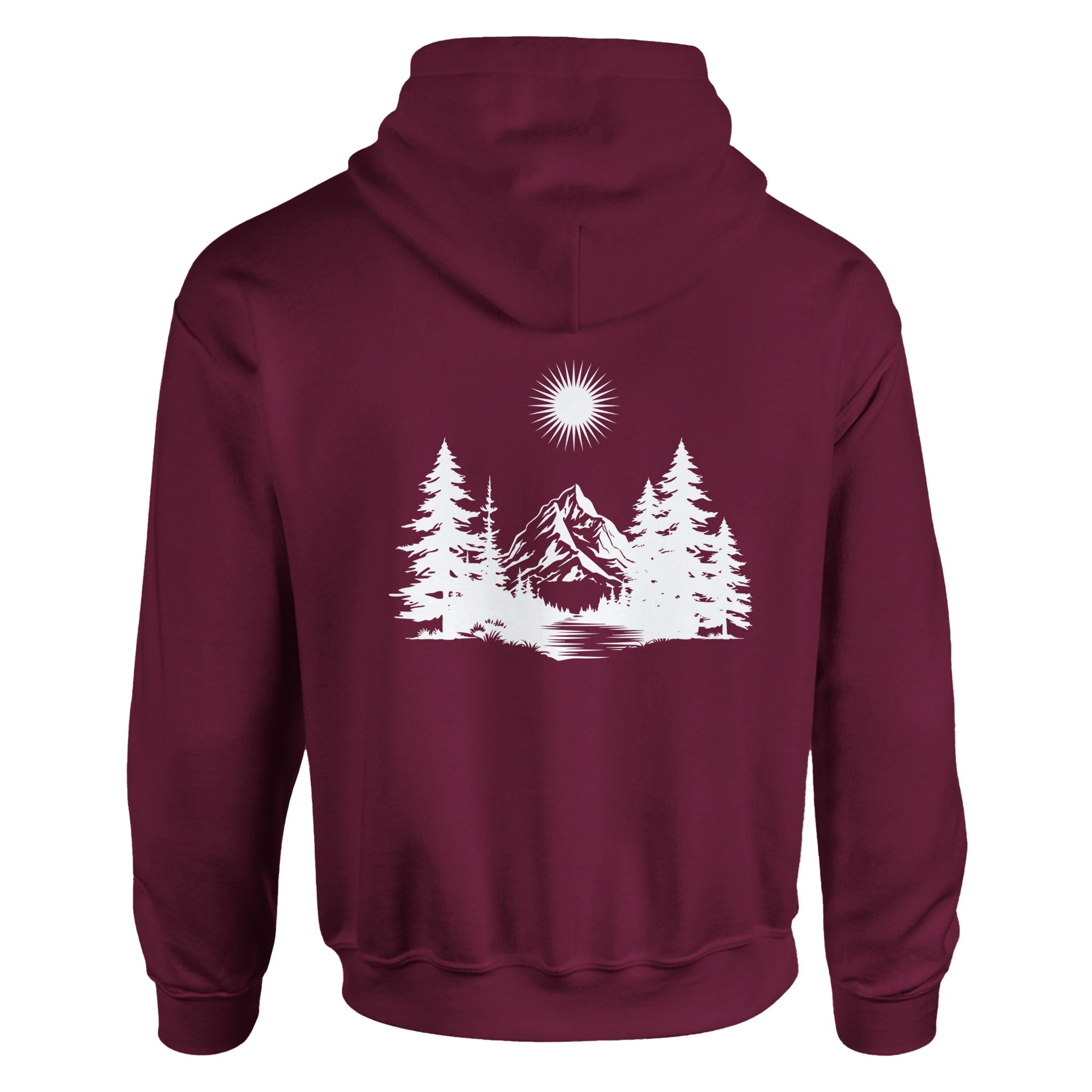 Unisex Hoodie in Kastanienbraun mit hochwertigem Baumwoll-Polyester-Mix und spirituellem, weißem Wald- und Bergmotiv von.
