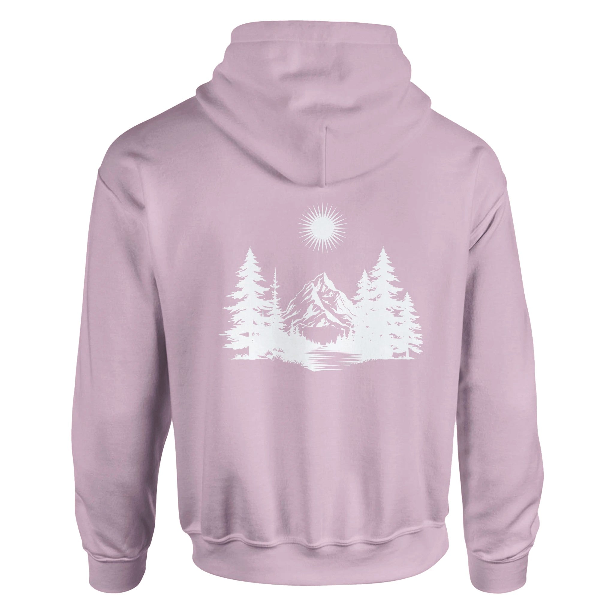 Hell-pinker unisex Hoodie aus hochwertigem Baumwoll-Polyester mit spirituellem weißen Wald- und Bergdruck, nachhaltig und.