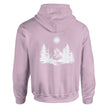 Hell-pinker unisex Hoodie aus hochwertigem Baumwoll-Polyester mit spirituellem weißen Wald- und Bergdruck, nachhaltig und.