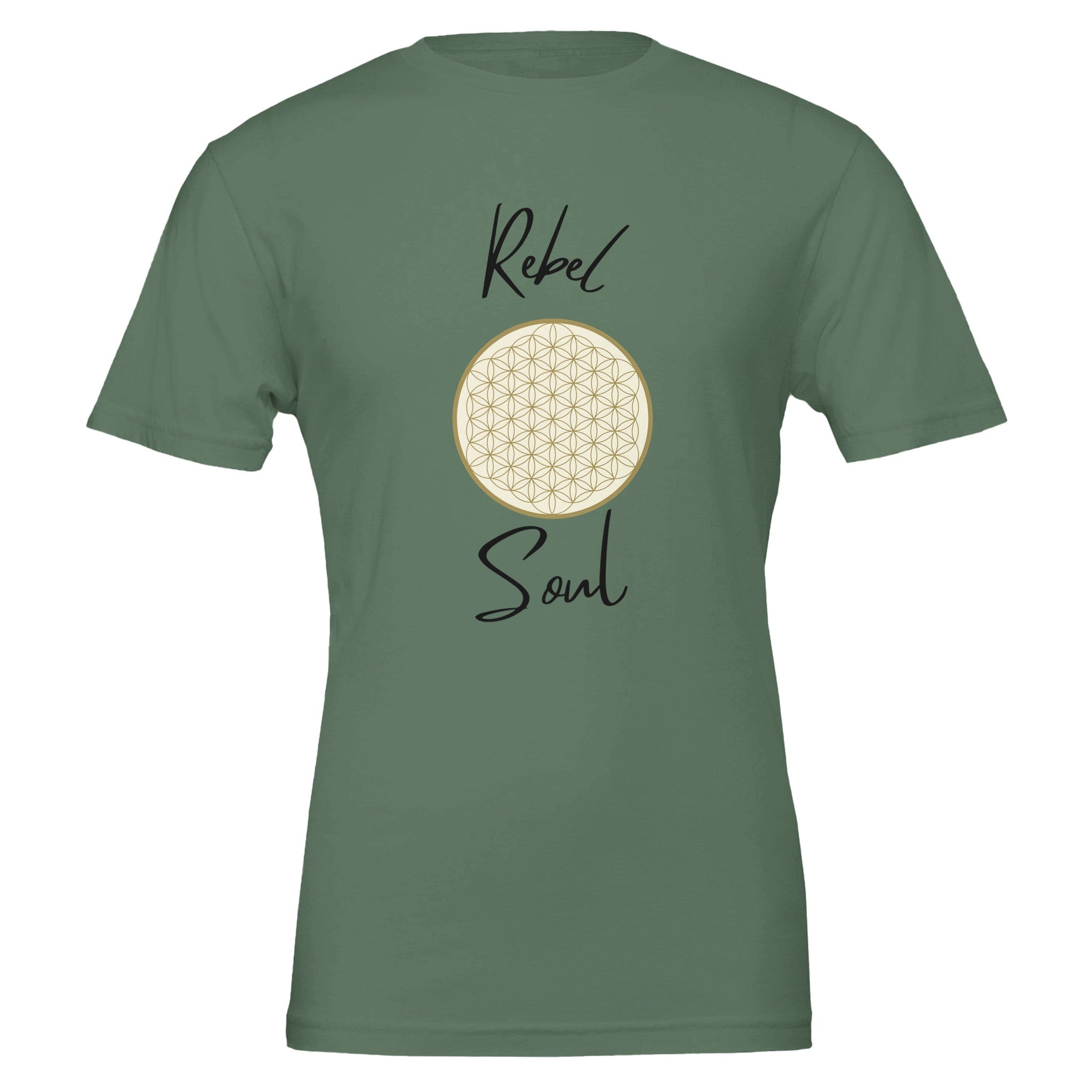 Unisex T-Shirt in Military Green mit spirituellem Blume des Lebens Motiv, nachhaltige hochwertige Baumwolle,.